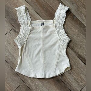 Anthropologie Ruffle Strap Ribbed Tank Top – Size M, Cream Ivory.